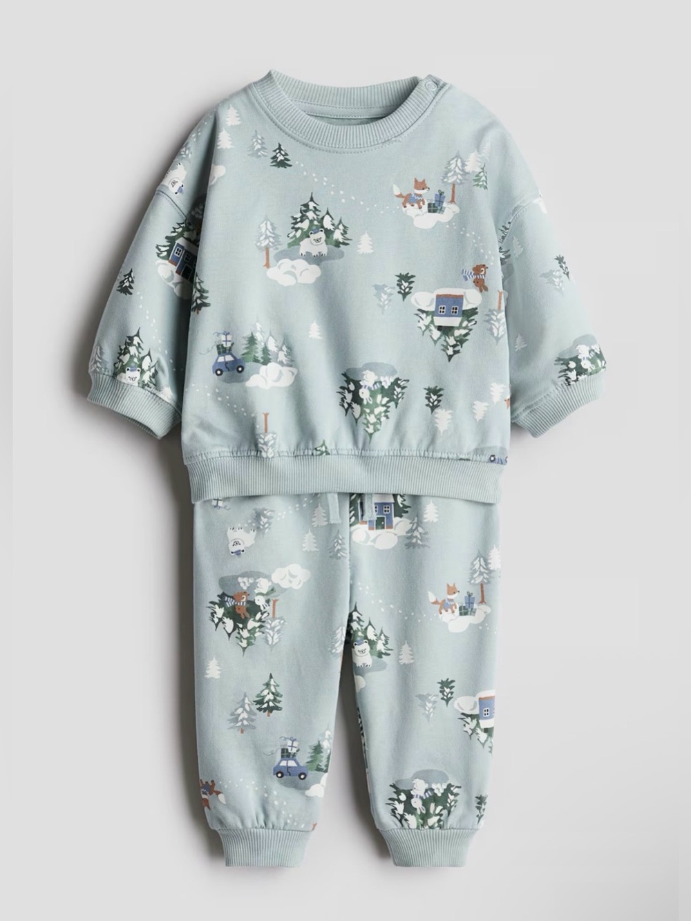 H&M 2-piece sweatshirt set in light turquoise featuring a winter animal print
